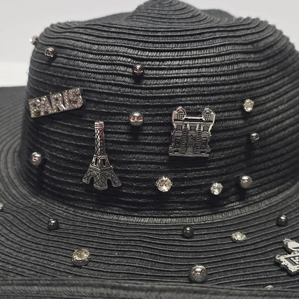 Karl Lagerfeld Black Straw Signature Pin Studs Paris Charm Embellished Sun Hat